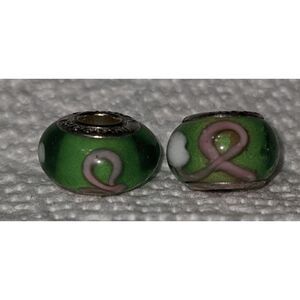 NEW SET OF 2 PANDORA MURANO BEAD - TRANSPARENT GREEN W/WHITE DOTS & PINK BREAST